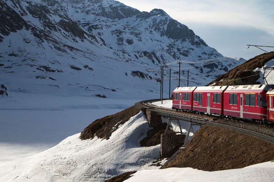 Bernina Express train in winter snow