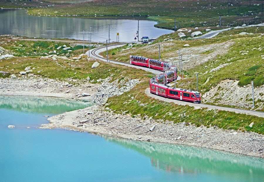 Bernina Pass railway line in summer