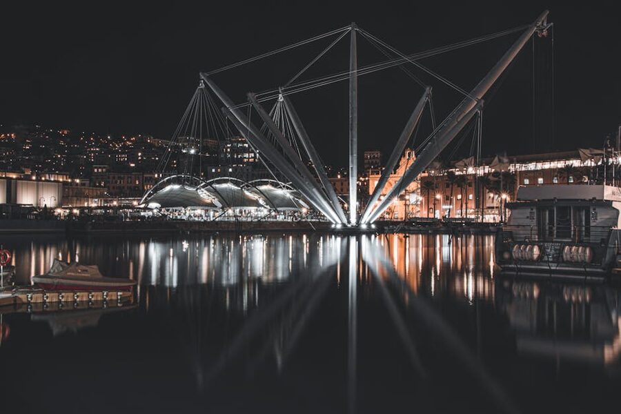The Bigo crane reflected in Genoa harbour at night