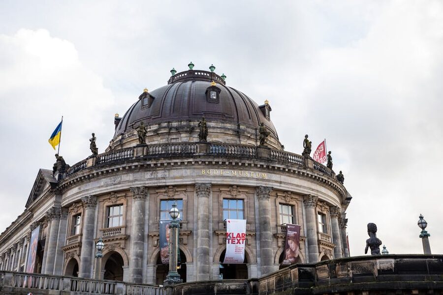 Low angle view of the Bode Museum dome from the Spree