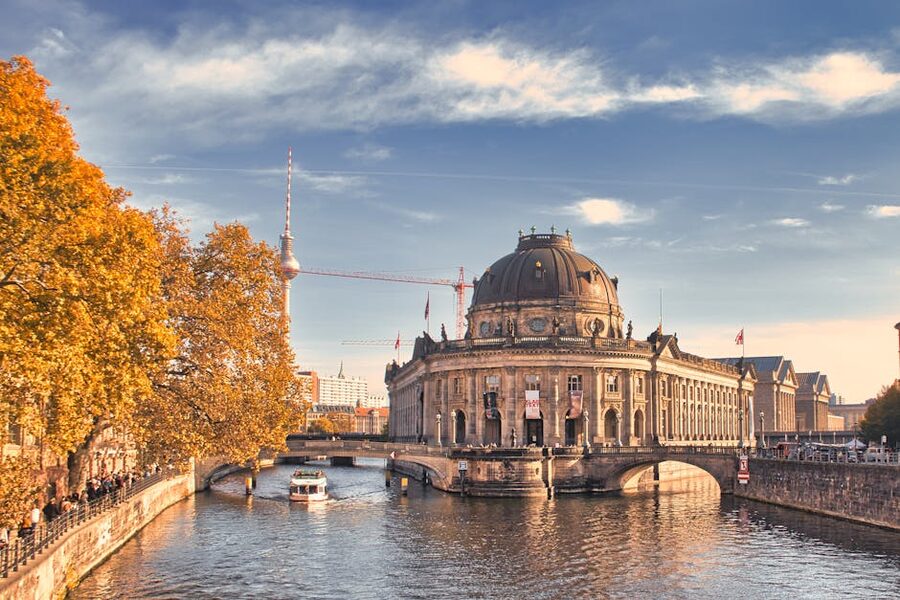 Bode Museum and Berlin TV Tower in autumn light from Spree River