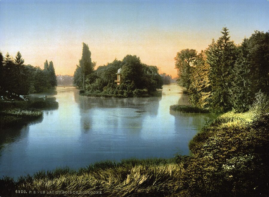 Historic photochrom of the lake in the Bois de Boulogne ca. 1890-1900