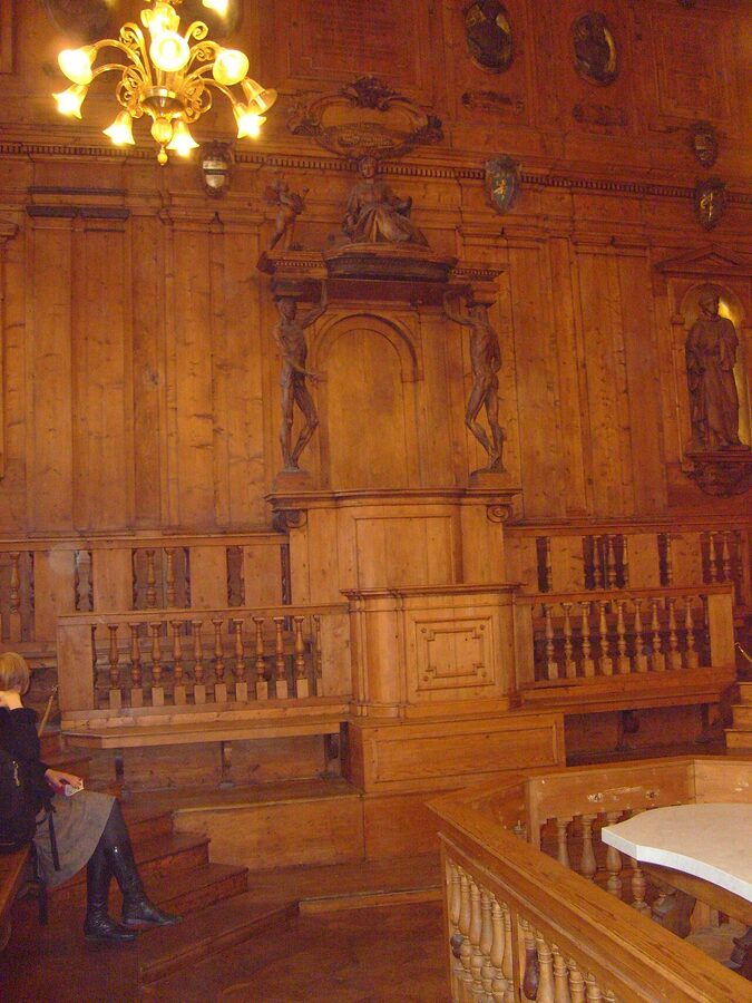 Wooden anatomical theatre lecture hall at the Archiginnasio in Bologna