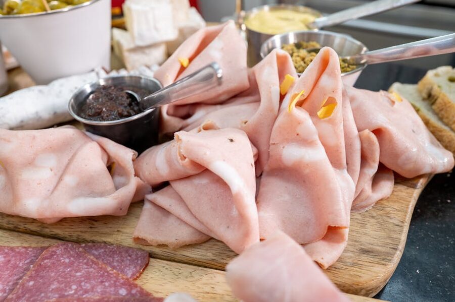 A board of mortadella charcuterie typical of Bologna