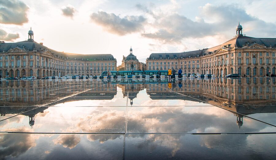 Place de la Bourse sunset reflection in Miroir d Eau