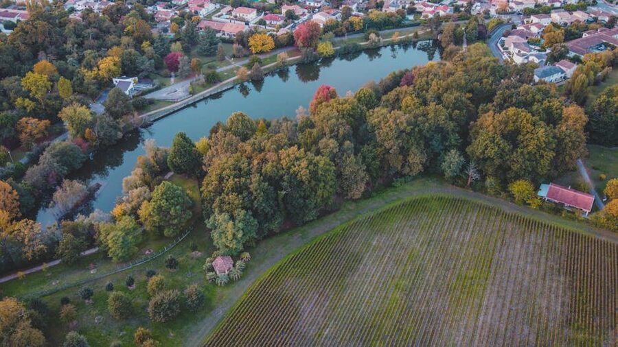 Aerial Bordeaux vineyards in autumn near the Garonne