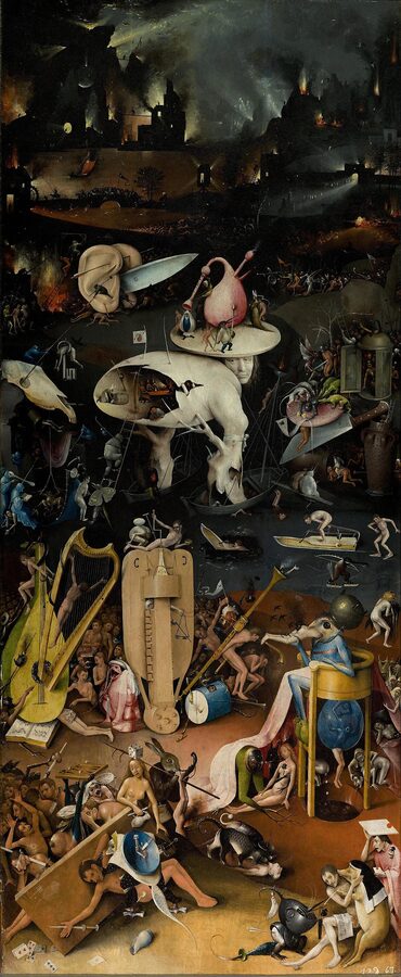 The Hell panel right wing of Hieronymus Bosch Garden of Earthly Delights triptych in the Prado