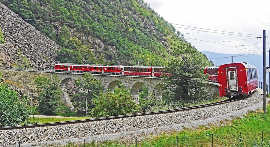 Train crossing the Brusio Spiral Viaduct on the Bernina Railway