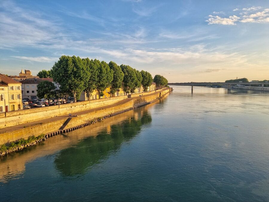 Arles waterfront on the Rhone at sunset