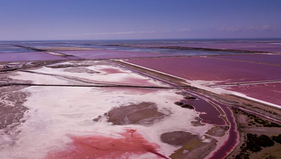 Aerial view of Camargue salt pans in pink and blue