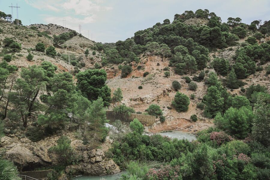 Green hills and rugged terrain at Caminito del Rey in spring