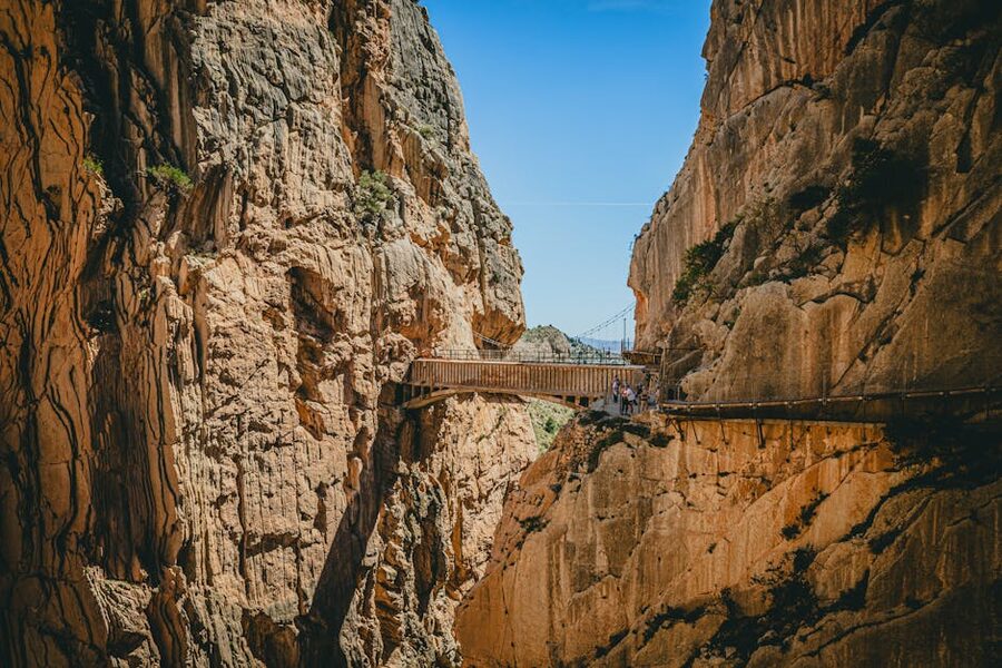 The Caminito del Rey walkway suspended between rocky cliffs
