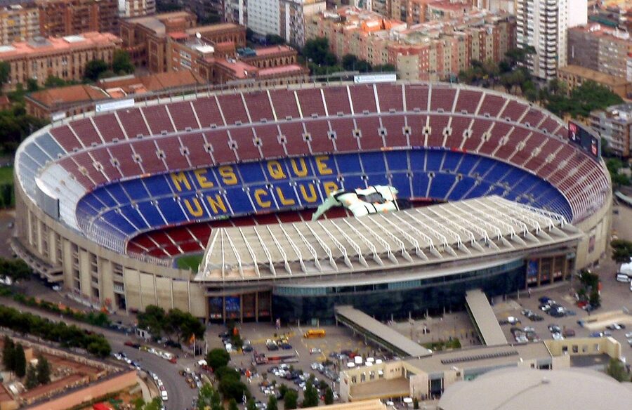 Camp Nou aerial view showing stadium and surrounding Les Corts neighbourhood