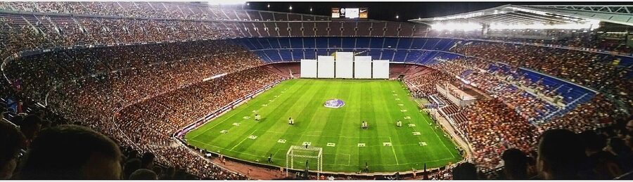 Camp Nou stadium and Barcelona skyline view