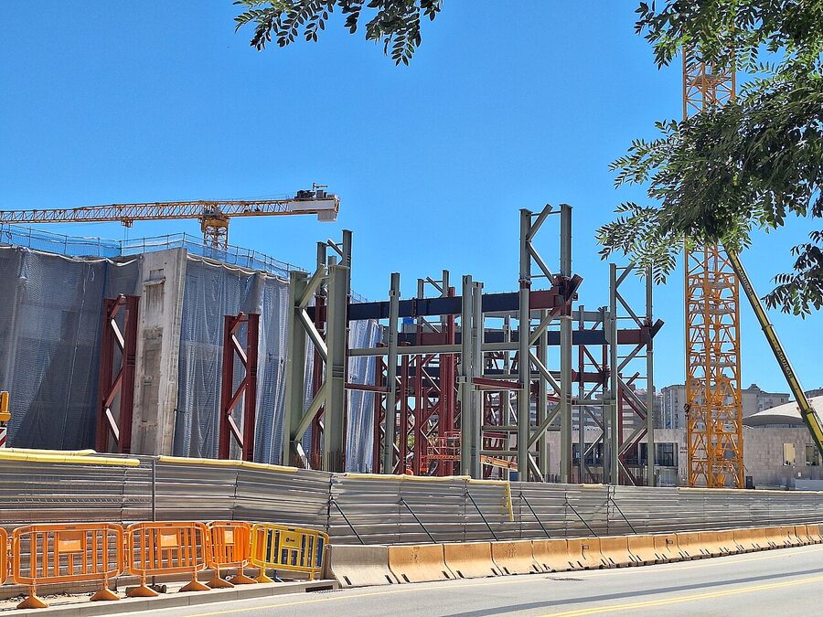 Camp Nou scaffolding and exposed steel during 2024 construction