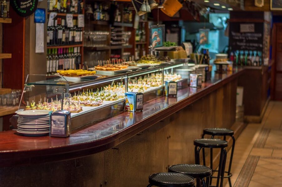 Tapas and pinchos display at a Barcelona bar
