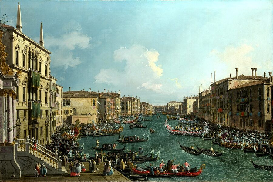 Canaletto painting of a regatta on the Grand Canal with hundreds of gondolas