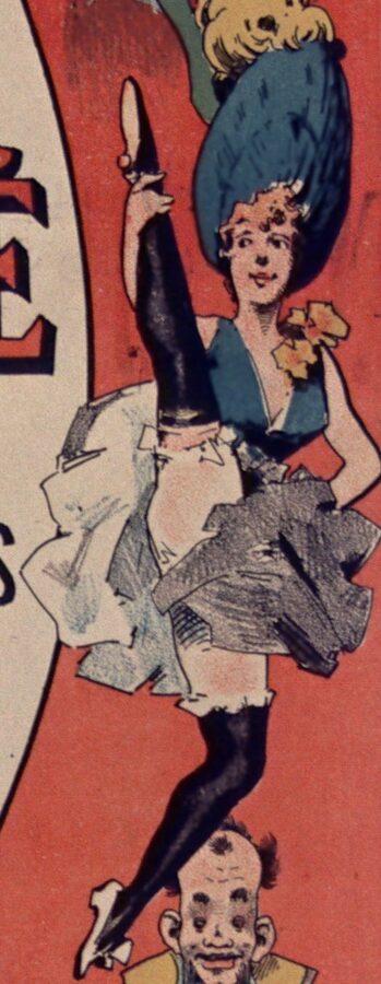Historic 1889 illustration of cancan dancers in Paris