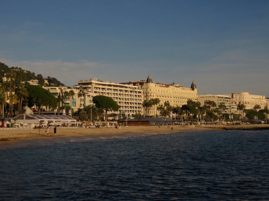 Cannes beachfront and beach huts at sunset