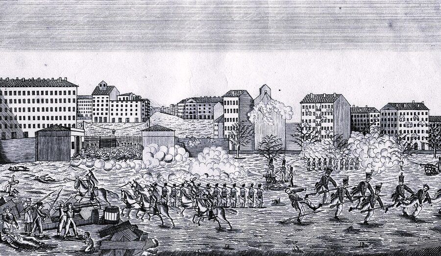 Engraving showing the 1831 Canuts revolt at the Croix-Rousse barrier in Lyon
