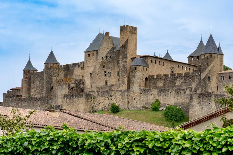 Carcassonne castle in spring landscape with greenery