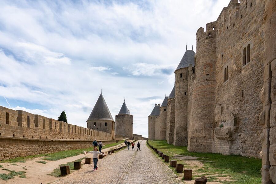 Visitors exploring the towers of Carcassonne castle