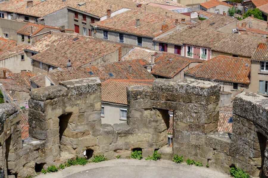 View from Carcassonne stone fortification over rooftops