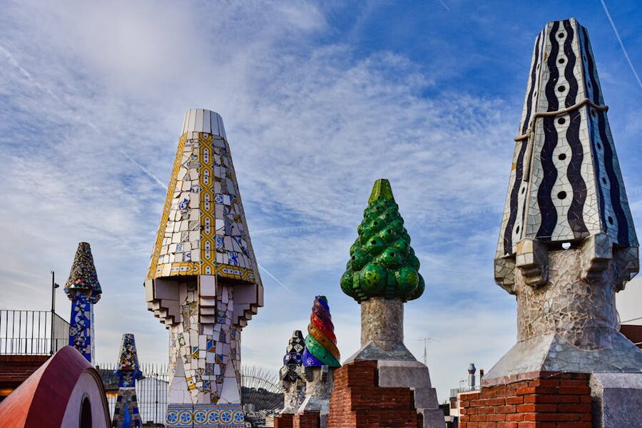 Casa Batllo rooftop mosaic chimneys helmeted knights
