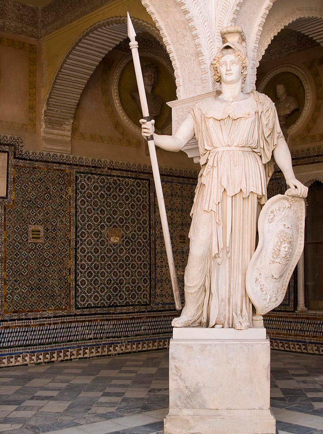 Athena Medici statue in Casa de Pilatos courtyard with original Roman head