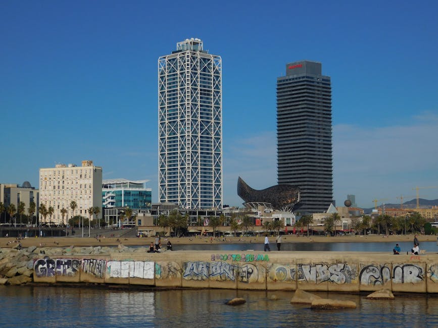 W Barcelona Hotel and Barceloneta beach skyline from the sea