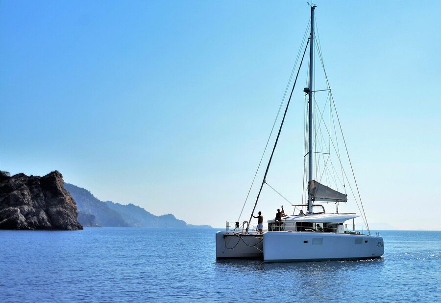 Catamaran sail and deck on the Mediterranean