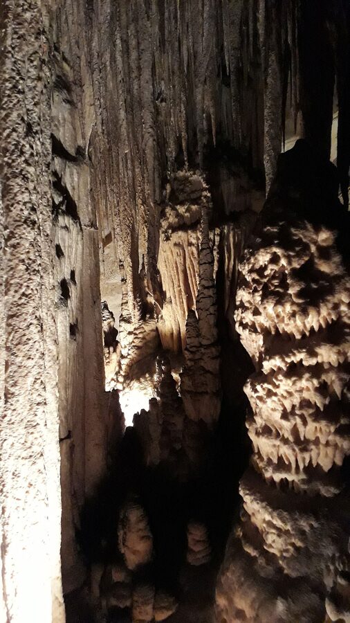 Illuminated stalactites at Coves del Drac
