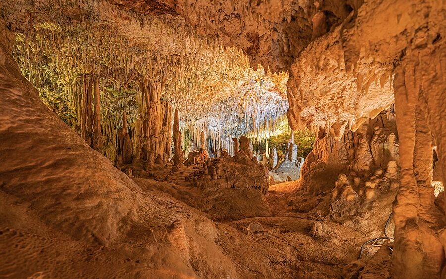 Detail of fishhook-shaped stalactites Coves dels Hams