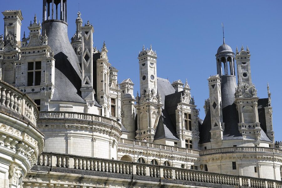 Detail of Chambord roof showing chimneys and balustrade