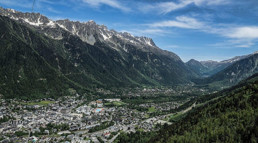 Chamonix valley with cable car towers and Mont Blanc behind