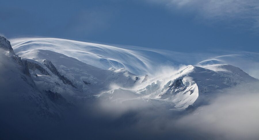 Mont Blanc snow panorama from Chamonix in stormy weather