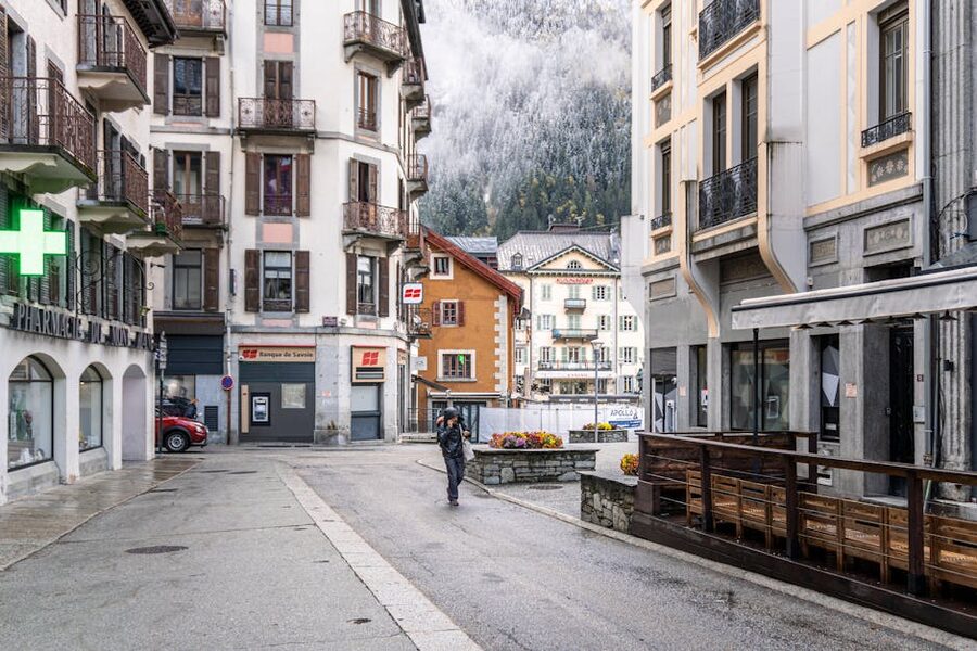 Chamonix winter streets with alpine views