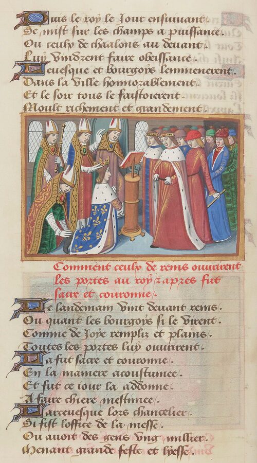 Medieval miniature of Charles VII coronation at Reims