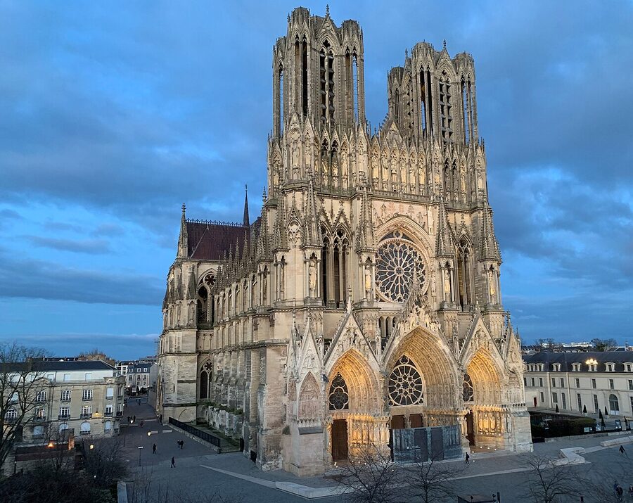 Reims cathedral exterior west facade and gardens