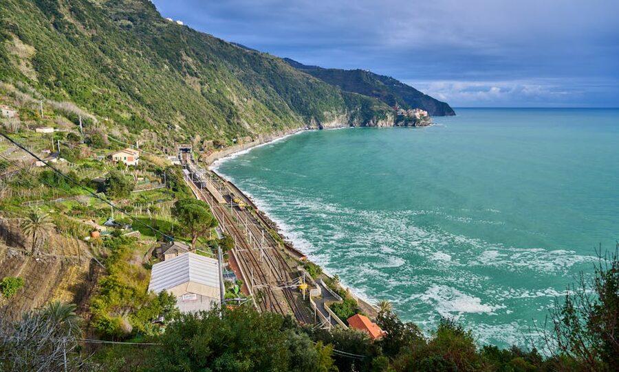 Cinque Terre aerial coastline with the railway line tracing the cliff