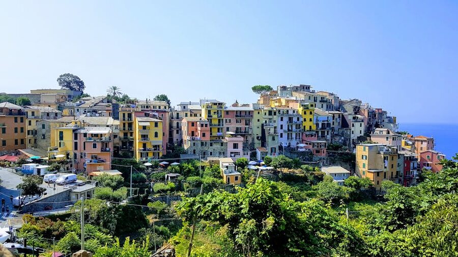 Corniglia hilltop village from a distance Cinque Terre