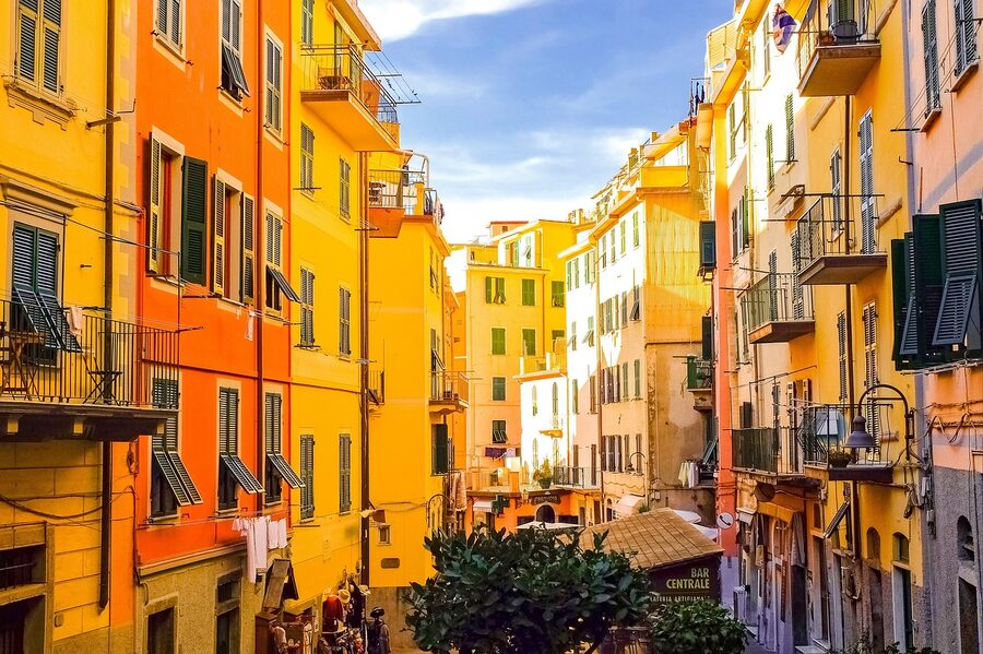 Manarola village main street and pastel facades Cinque Terre