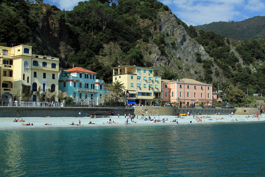 Long beach at Monterosso al Mare Cinque Terre with sunbathers