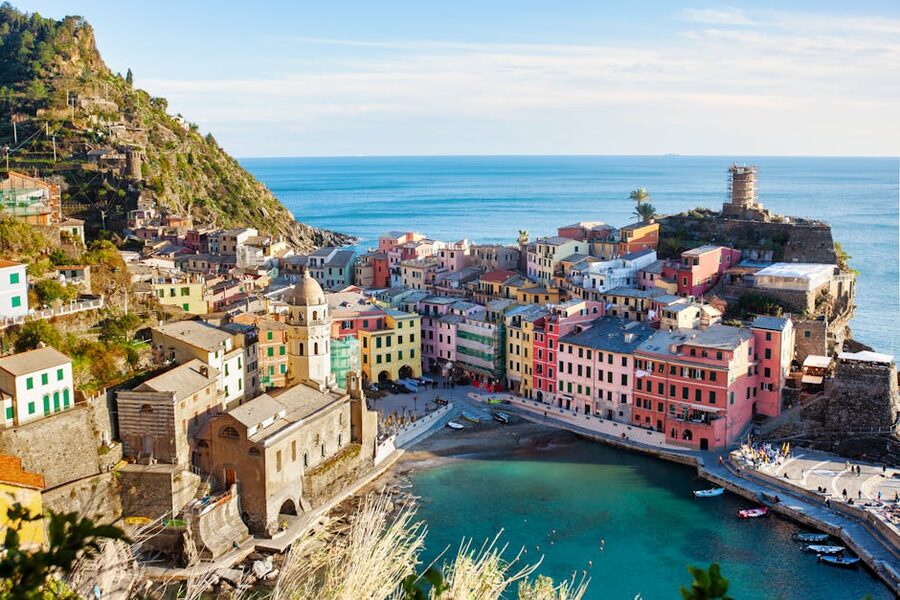 Vernazza aerial view harbor and Doria castle Cinque Terre