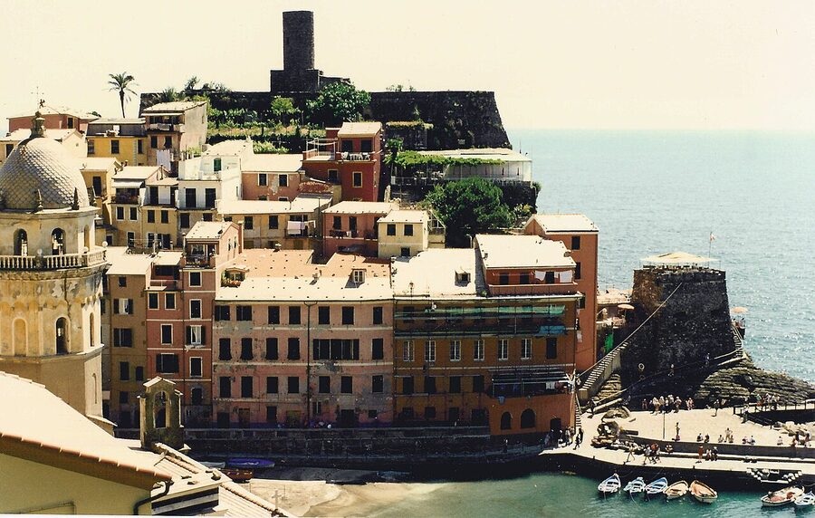Vernazza harbor with fishing boats and waterfront cafes Cinque Terre