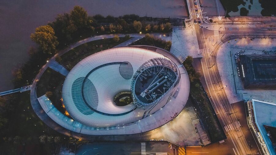 Aerial twilight view Cite du Vin Bordeaux