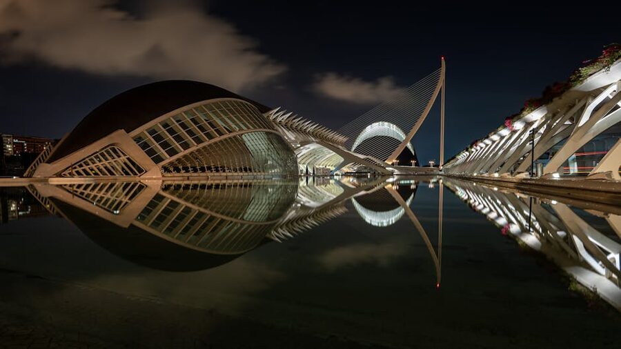 City of Arts at night with light reflections