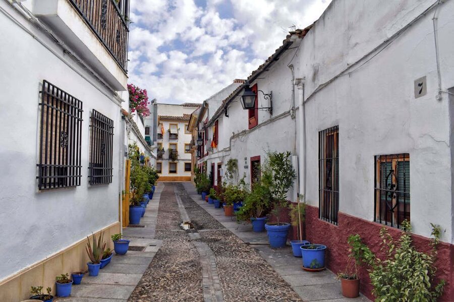 Whitewashed alley in the Jewish Quarter of Cordoba with potted flowers
