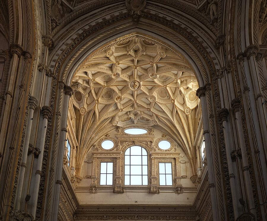 The vast interior prayer hall of the Mezquita with its forest of columns