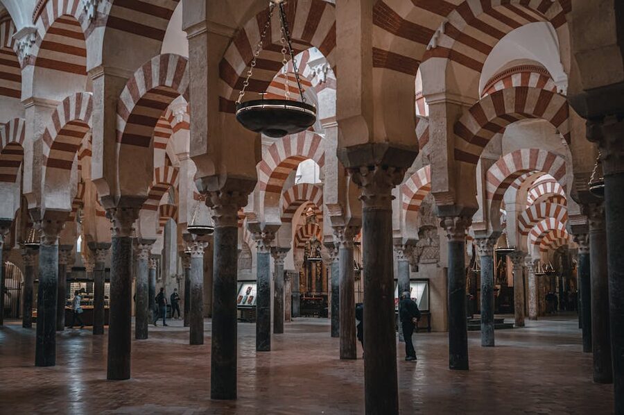 The famous double-tier red and white horseshoe arches of the Mezquita prayer hall
